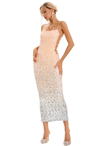 Sleeveless V-neck sequin party dress with pink-silver gradient and side cut-out detail