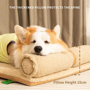 Cama gruesa para perro de forro polar beige con almohada cervical de 15 cm de alto
