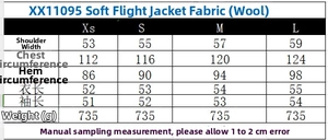 Size chart for women's soft wool bomber jacket showing chest, shoulder, and length measurements
