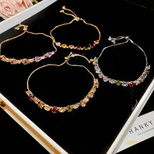 Adjustable colorful zircon bracelets with pear and oval charms in gold and silver plating