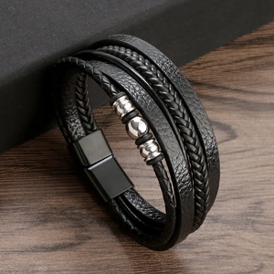 Multi Layer Braided PU Leather Bracelet With Stainless Steel Beads Magnetic Clasp Punk Rock Fashion Wristband For Men