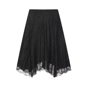 Black Lace Skirt Irregular Hem Floral Mesh Mid Length Sexy Elegant A-Line Eyelash Trim Women Fashion Bottoms