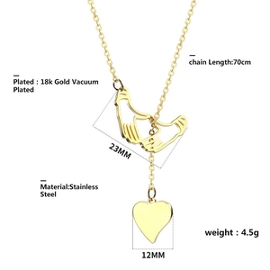 Detail showing 18K gold-plated stainless steel heart pendant and necklace measurements
