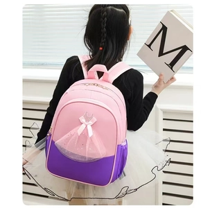 Rear view of pink and purple ballet backpack featuring a tutu design on a young girl