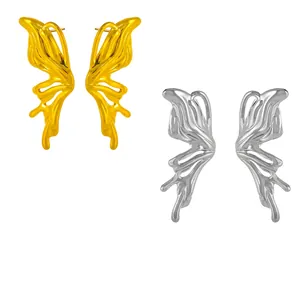 304 Stainless Steel Butterfly Wing Stud Earrings Liquid Metal Y2K Style Hollowed Butterfly Wing Ear Jewelry For Women