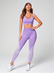 Detail of lavender leopard jacquard yoga set with seamless high waist and leg contouring lines