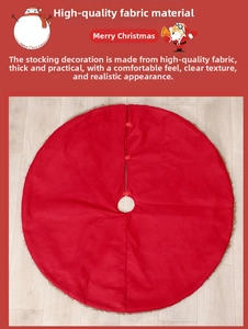 Detail of red Christmas tree skirt with festive brown faux fur trim and secure buckles