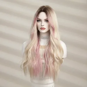 Long wavy ombre wig with blonde and pink highlights on a mannequin head model