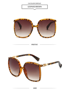 Front and 45-degree side views of leopard brown oversized sunglasses with metal accents