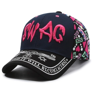 Navy baseball cap with pink SWAG 3D embroidery and colorful geometric prints on back