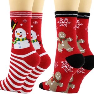 Detailed knit texture of Christmas socks with snowman and gingerbread man festive patterns