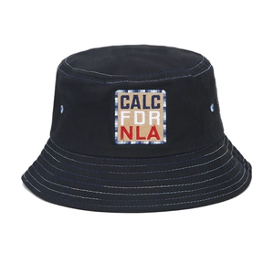 Classic black denim bucket hat with embroidered square patch and blue stitching lines