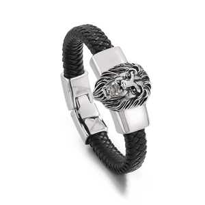Bracelet tressé en cuir pour homme avec fermoir tête de lion en acier inoxydable argenté