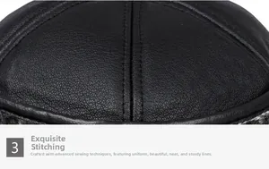 Detail of premium black PU leather baseball cap with exquisite reinforced stitching