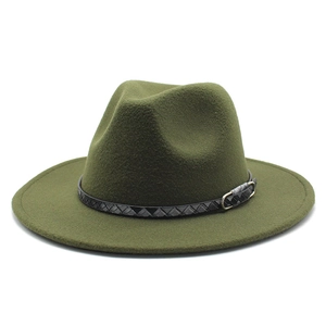 Detail of army green wool fedora hat featuring a black braided leather band and gold buckle