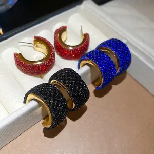 C-Shaped Hoop Earrings Vintage Pavé Synthetic Crystal Alloy With 925 Sterling Silver Earring Post Geometric Jewelry