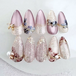 Purple Cat Eye Press On Nails With 3D Bowtie Artificial Pearl Flower Pattern Long Almond Shape ABS Plastic Manicure