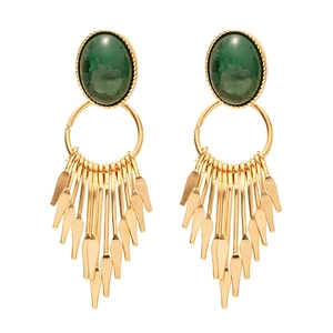 Vintage green oval resin earrings with gold tassel fringe in a retro fashion style