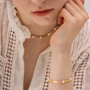 Collier Bracelet En Künstliche Perles Colorées Acier Inoxydable Plaqué Or 18K Bijoux Mode Pour Femmes