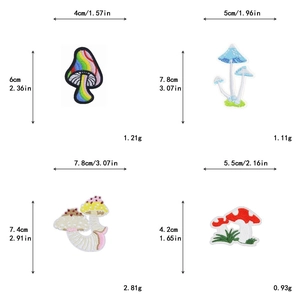 Detail view of four colorful mushroom embroidery patches with size and weight specs