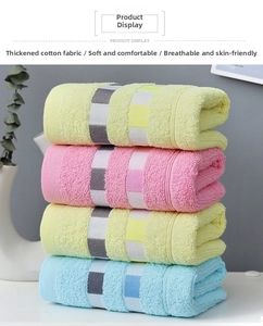 Close-up of four thick cotton striped towels in pastel yellow, pink, green, and blue