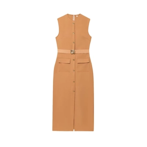 Detail view of the sleeveless midi dress featuring golden buttons and waist belt