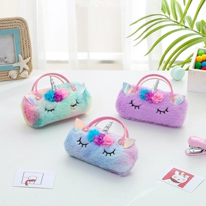 Cute Cartoon Unicorn Plush Glasses Case Portable Kids Handbag Soft Animal Eyewear Storage Bag With 3D Horn Flowers For Girls