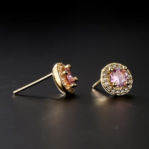 18K gold plated earrings with pink zircon stone and halo crystals on black background
