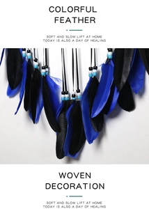 Detail of blue and black feathers and beads on a bohemian woven evil eye dreamcatcher