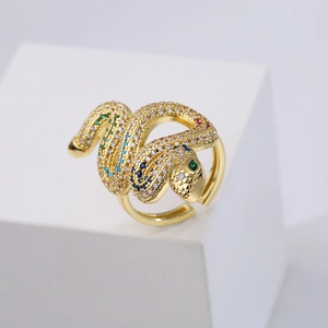 Gold plated snake ring with colorful micro-pave zircons and adjustable open band