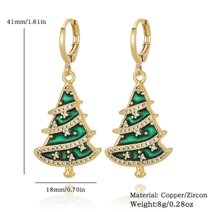 Detail showing 41mm green Christmas tree drop earrings in gold plated copper with zircons