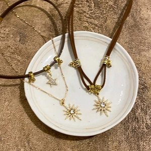 French vintage sun and star pendant necklace with rhinestones on brown leather cord