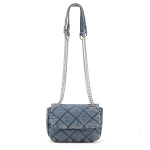 Quilted denim chain crossbody bag with silver hardware and blue adjustable strap