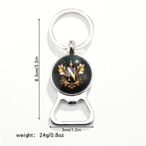 Detailed view of silver bottle opener keychain with letter N emblem and size dimensions