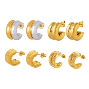 Set of four 18K gold plated double-layer C-shaped stud earrings with sparkling zircons