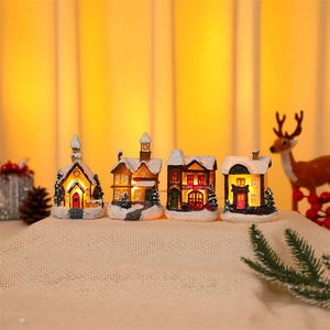 10-piece Christmas village set with 4 LED glowing resin houses and winter scene ornaments