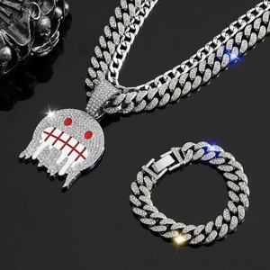 Iced out Pac-Man ghost pendant necklace and Cuban link bracelet set in silver finish
