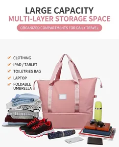 Close-up of pink travel bag illustrating large capacity with various daily items