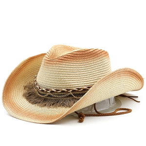 Western style straw cowboy hat with gradient woven texture and decorative tassel strap