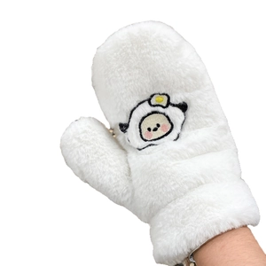 Cute white plush puppy mittens with cartoon embroidery for warm winter outdoor protection