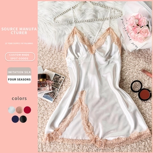 Women Imitation Satin Satin Nightdress Sexy Lace Trim V Neck Side Slit Backless Sleepwear Chemise Loungewear Slip Dress
