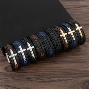 Men's multilayer braided leather bracelets with alloy cross charms in various colors