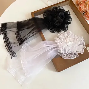 Lace Lolita nun veil hairpins in black and white with floral mesh and vintage style