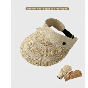 Women Straw Sun Visor Hat Wide Brim Tassel Fringe Edge Open Top Foldable Beach Summer Travel Boho