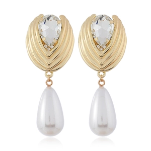 Elegant gold drop earrings with teardrop crystal and large white pearl tassels