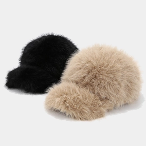 Detail view of plush faux fox fur winter baseball caps in black and beige colors
