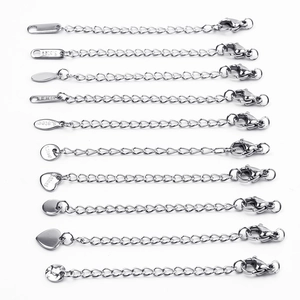 Polished silver stainless steel necklace extension chains with various decorative tail charms