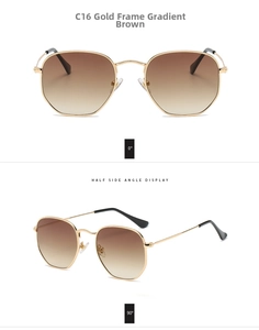 Vistas detalladas de gafas de sol de metal dorado con lentes degradados en marrón