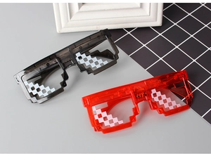 Detail of pixel style Thug Life sunglasses in black and red on geometric background