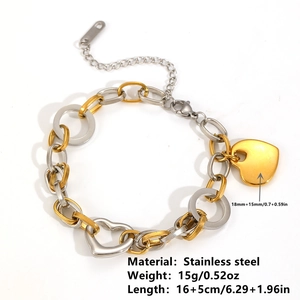 Bracelet chaîne cœur bicolore en acier inoxydable doré et argenté pour femmes